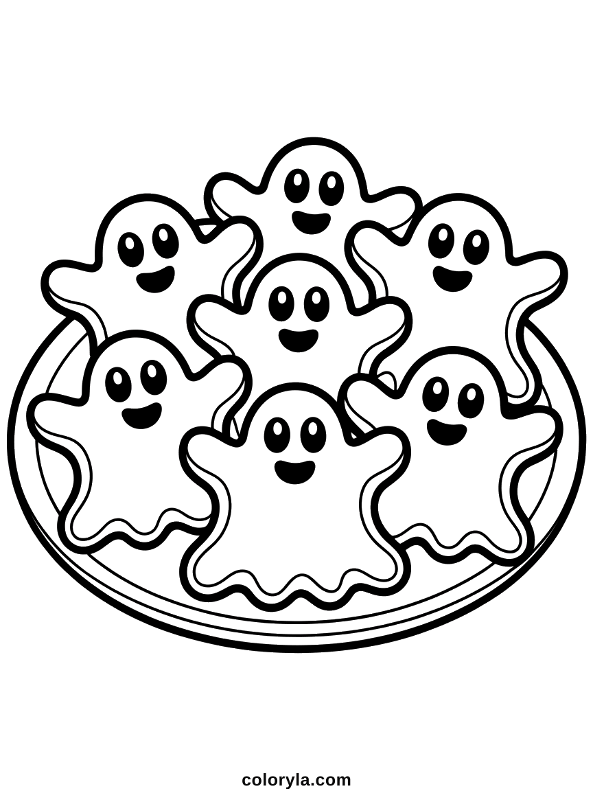 Seven ghost-shaped biscuits on a plate, no two hems alike. A free Halloween coloring page to print on A4.