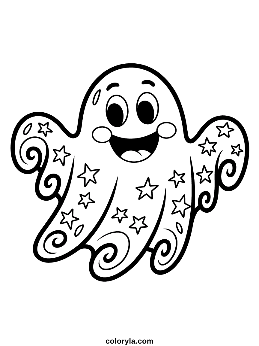 A ghost covered in swirls and dots on a blank background, a free Halloween coloring page for adults.