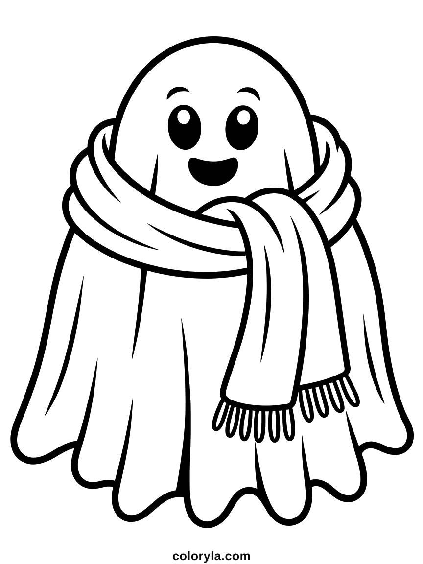 Autumn Halloween coloring page: a little ghost in a long scarf drawn strand by strand, free on A4 paper.