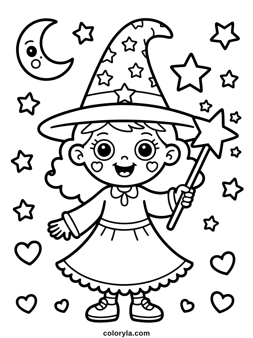A kawaii young witch with a star wand and heart-shaped blushes: a free Halloween coloring page on A4.