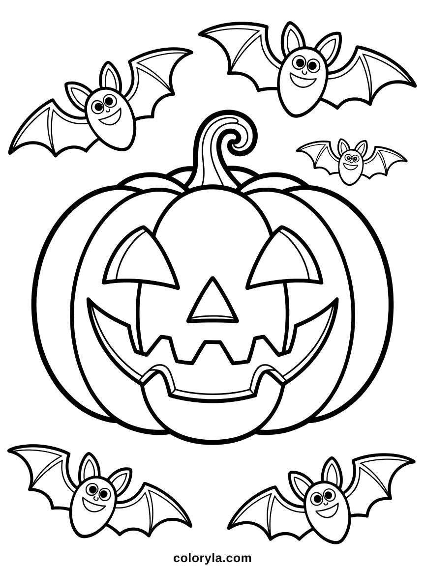 Cute Halloween coloring page: a grinning jack-o'-lantern with friendly bats drifting around it, free on A4.
