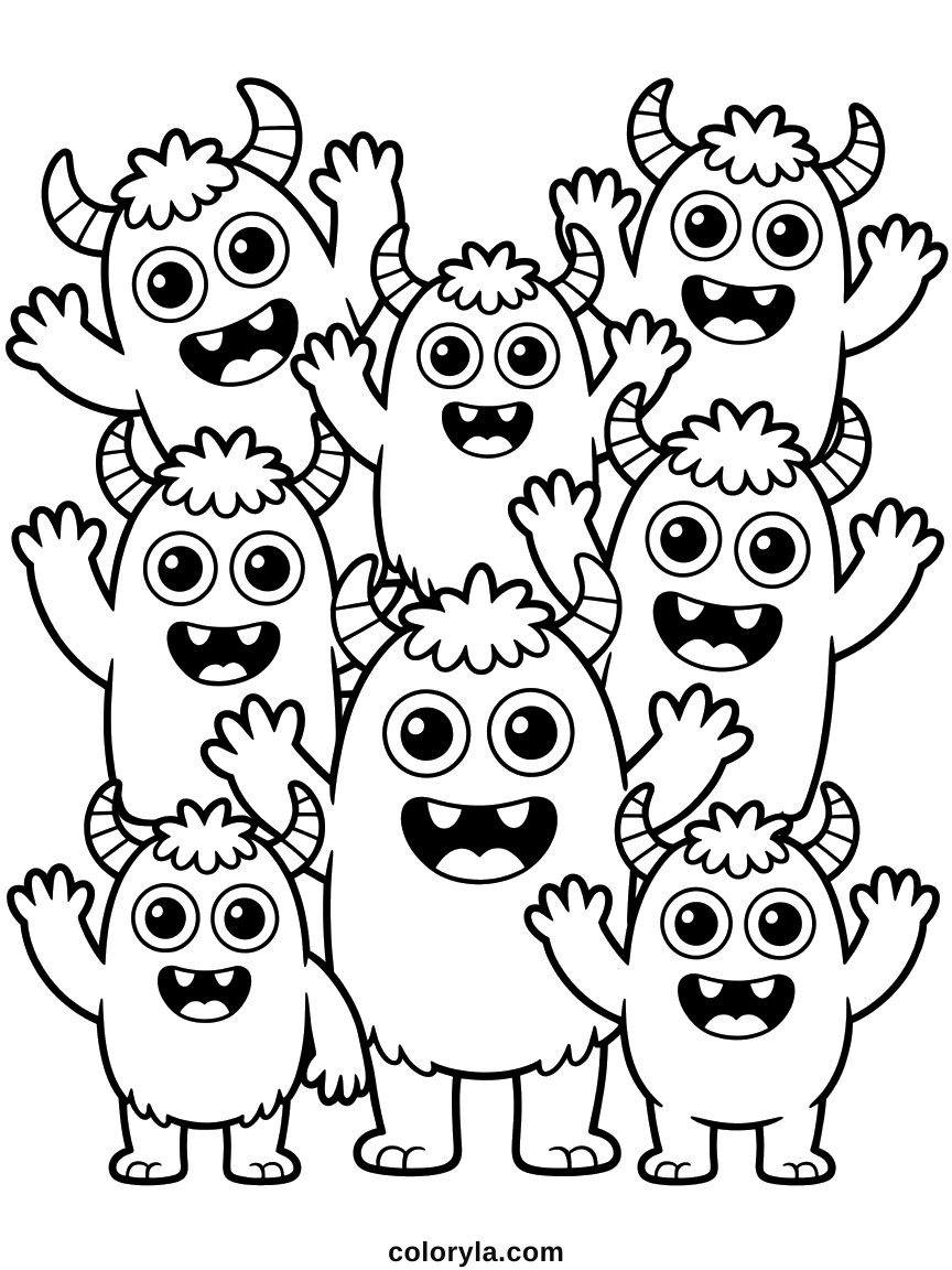 Seven little monsters waving in a row, only the teeth tell them apart, a free Halloween coloring page.