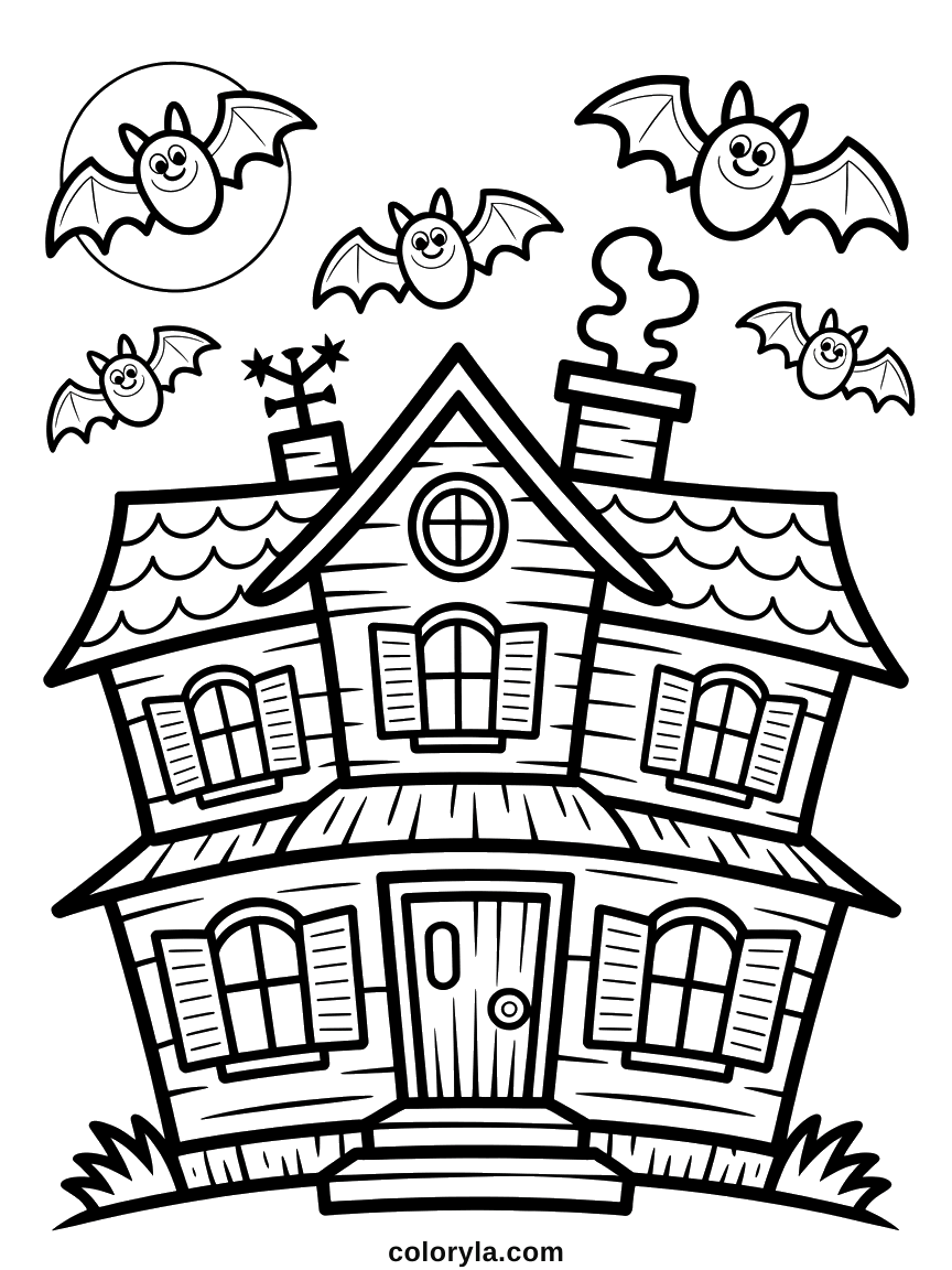 Planks, shutters, and bats wheeling above the roof. A free Halloween coloring page for adults on A4.
