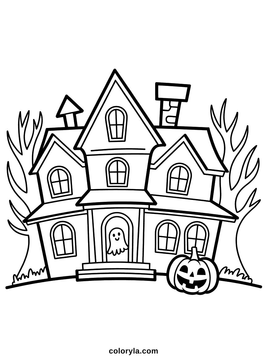 Light in every window and a small ghost at the door. A free spooky Halloween coloring page to print on A4.