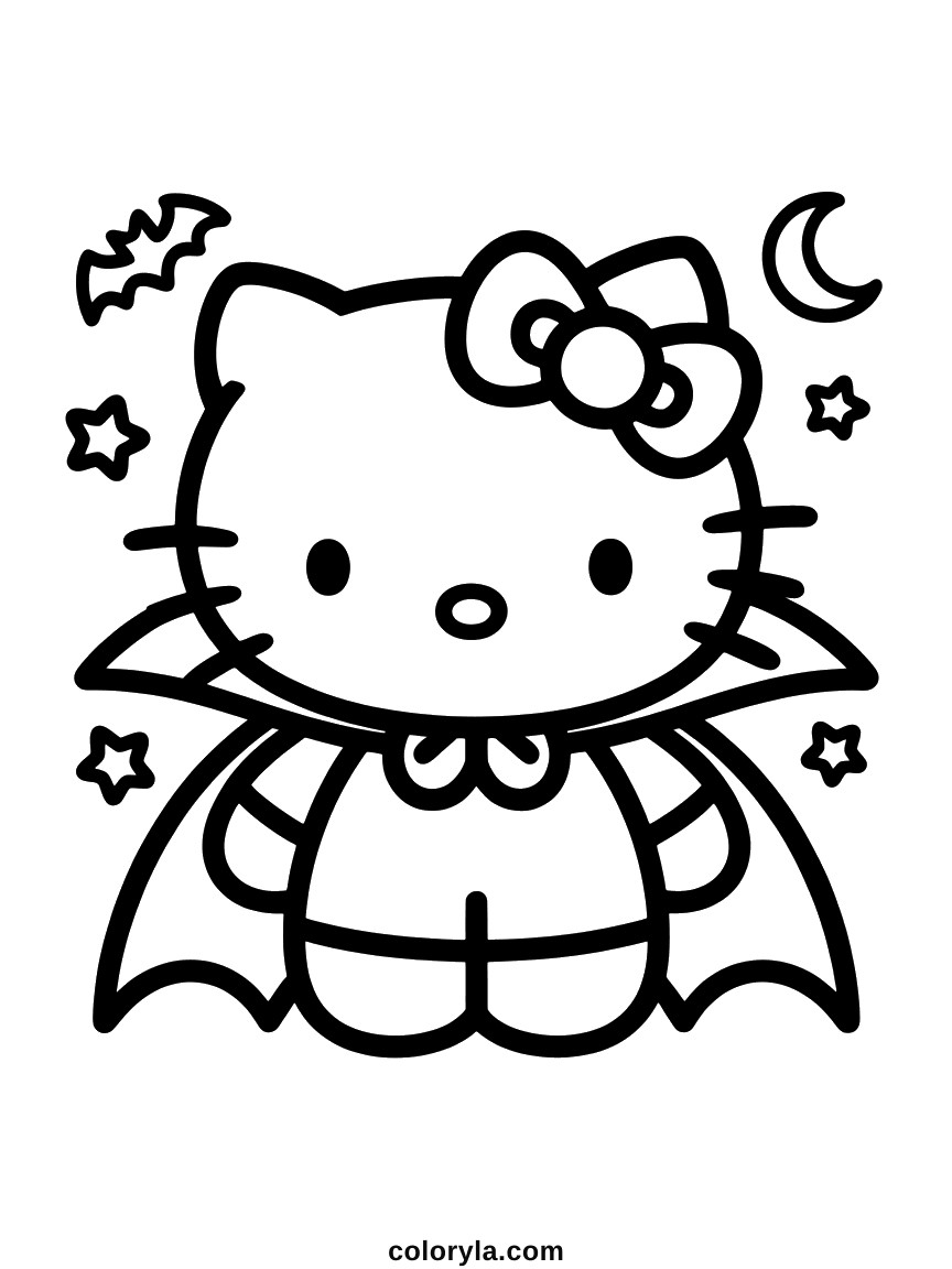 Hello Kitty in a vampire cape with her bow still on, a free Halloween coloring page to print on A4 paper.