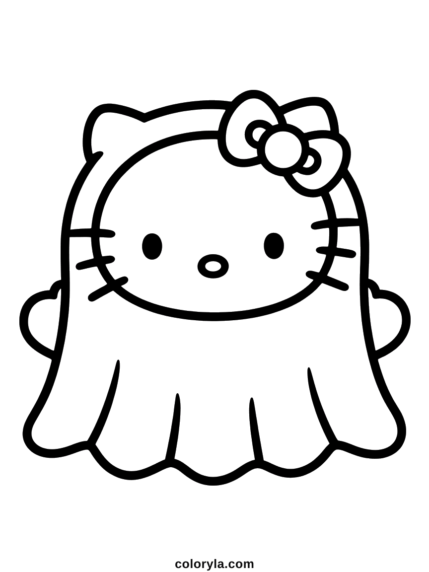 Kawaii Halloween coloring page: Hello Kitty under a ghost sheet, her ears giving her away, free on A4.