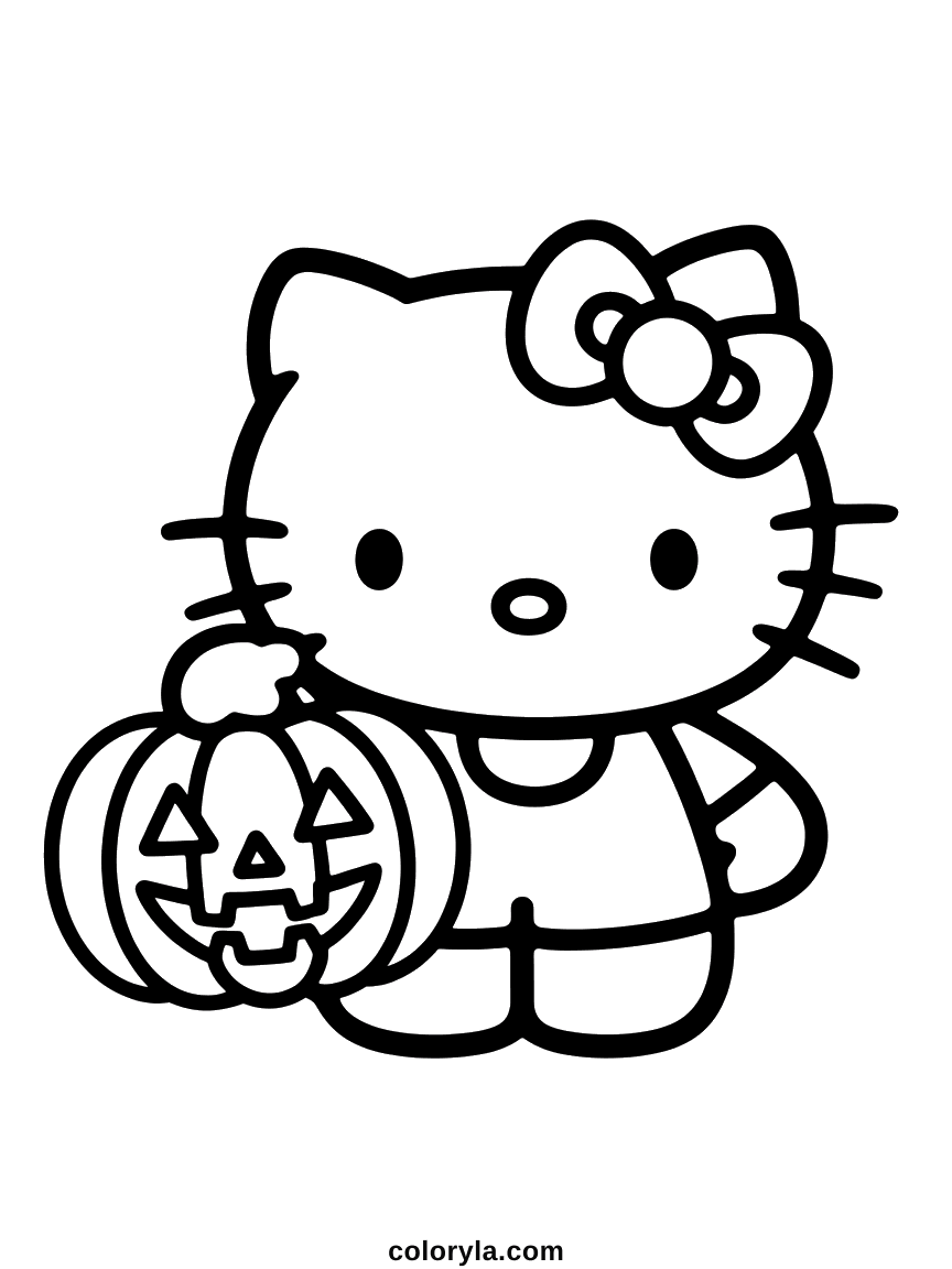 Hello Kitty holding a carved pumpkin that does the expressing for her: a free Halloween coloring page.