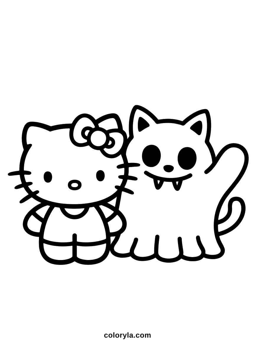 Two cats side by side, one with a face and one without, a free kawaii Halloween coloring page on A4.