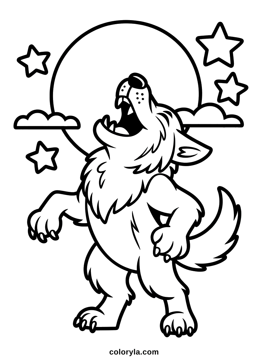 A werewolf howling under a full moon. A free scary Halloween coloring page for adults to print on A4.