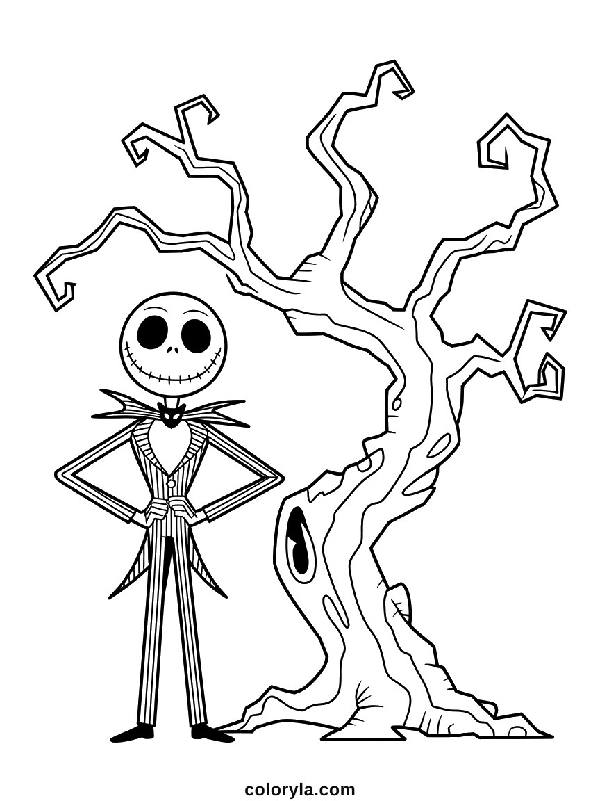 A tall striped figure, a slightly scary Halloween coloring page, beside a crooked tree with no leaves.