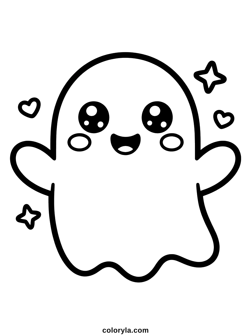 Kawaii Halloween coloring page for kids: a rosy-cheeked ghost whose eyes fill a third of its face, free.