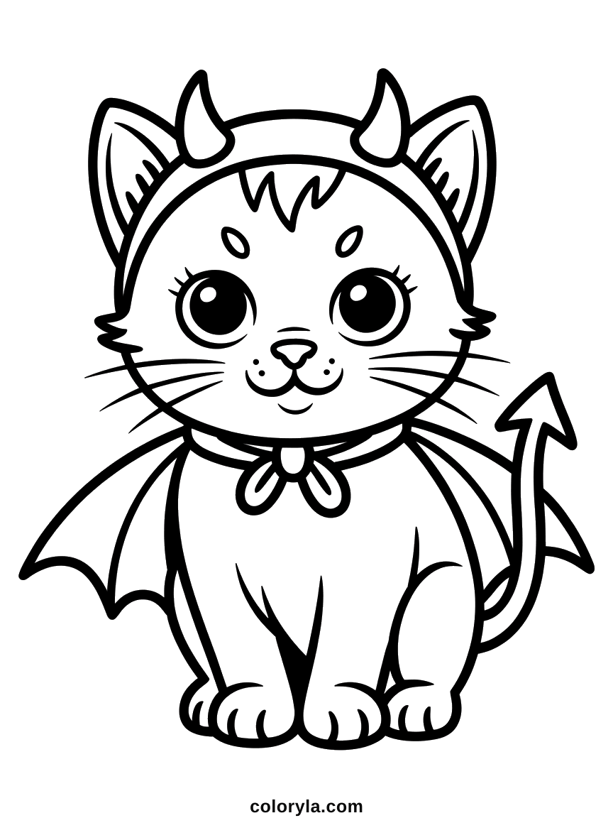 Horns on a band, a cape tied at the neck, a tail added on: a cute free Halloween coloring page to print.