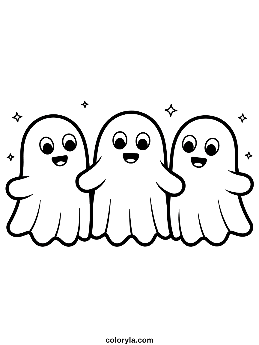 Three near-identical ghosts holding hands, an easy free Halloween coloring page for kids to print on A4.