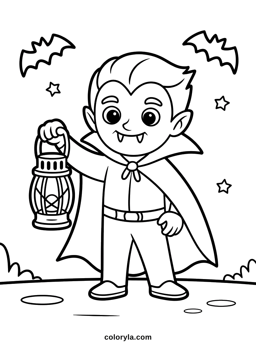 Vampire Halloween coloring page: grinning rather than menacing, a lantern in one hand, free on A4 paper.
