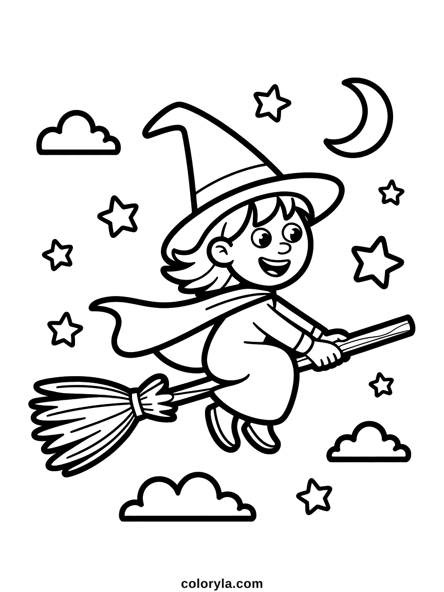 On her broom, the straws filling a whole corner: a free witch Halloween coloring page to print on A4.