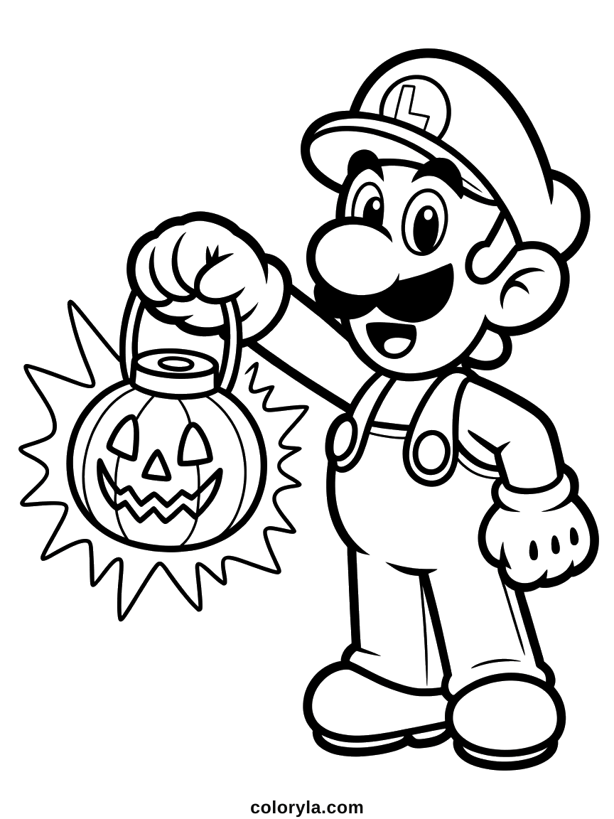 Luigi holding up a pumpkin lantern with rays cut in sharp points, a free Halloween coloring page on A4.