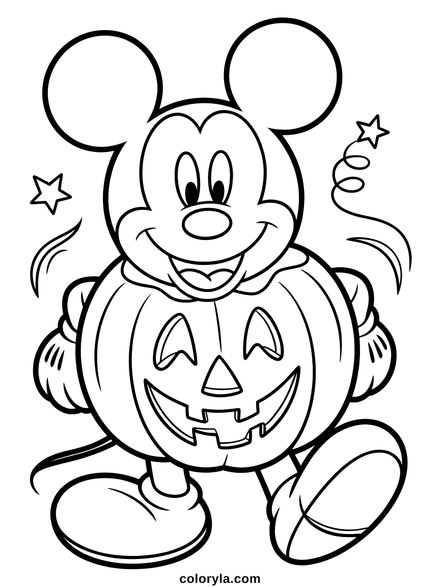 Mickey Mouse in a pumpkin costume, two grins stacked up. A free printable Halloween coloring page on A4.