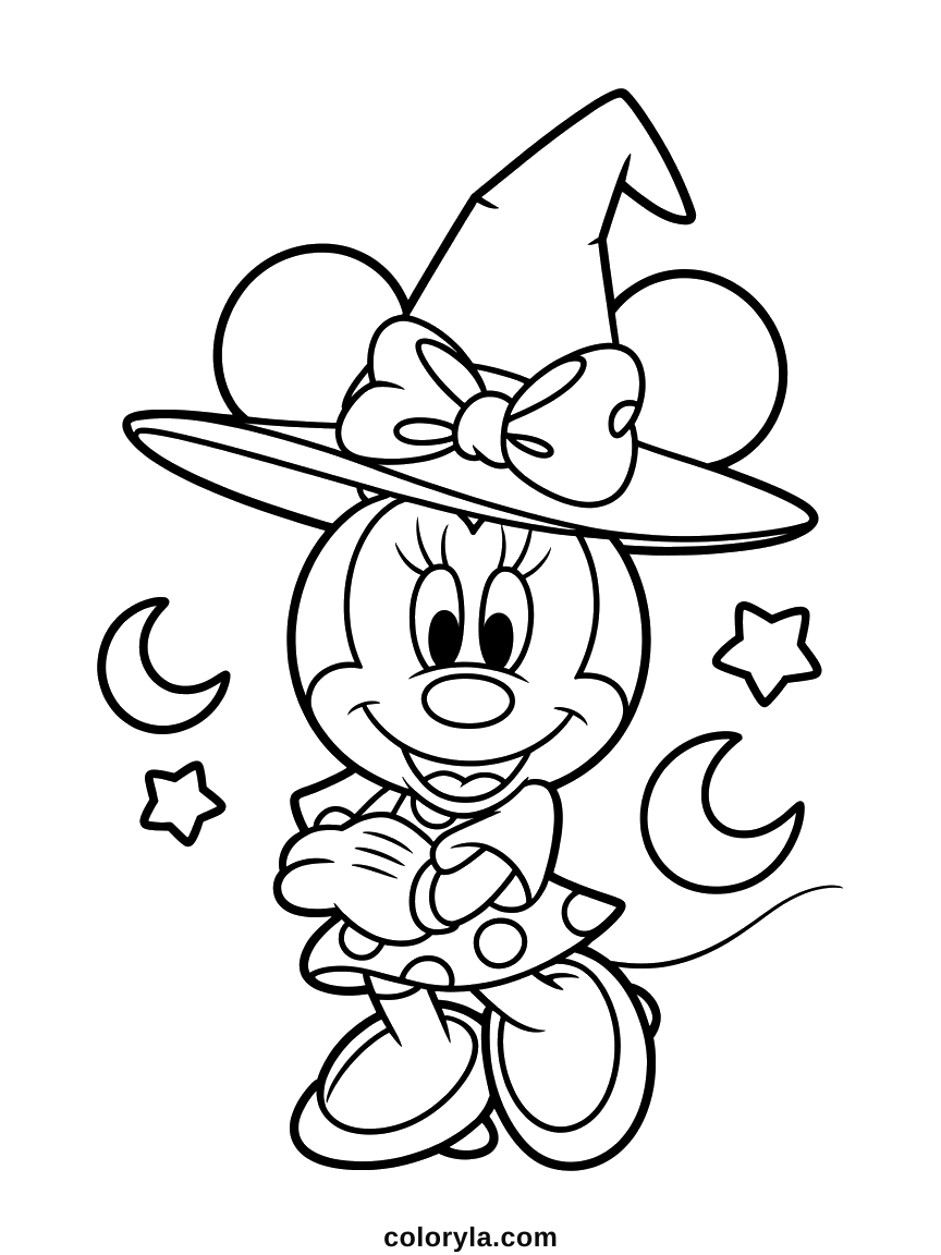 Minnie Mouse under a witch hat with her bow moved onto the hatband, a cute free Halloween coloring page.