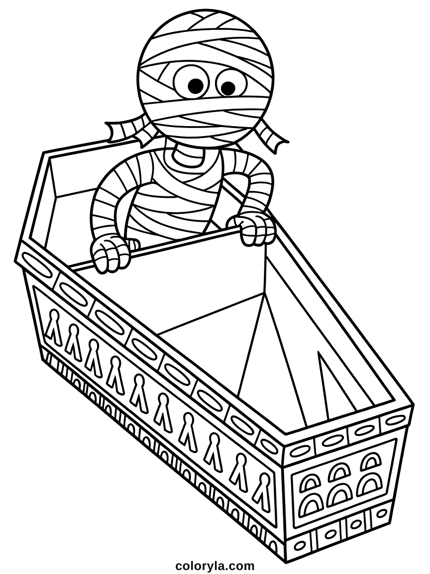 Free Halloween coloring page for adults: a bandaged face rising from a carved sarcophagus, on A4 paper.