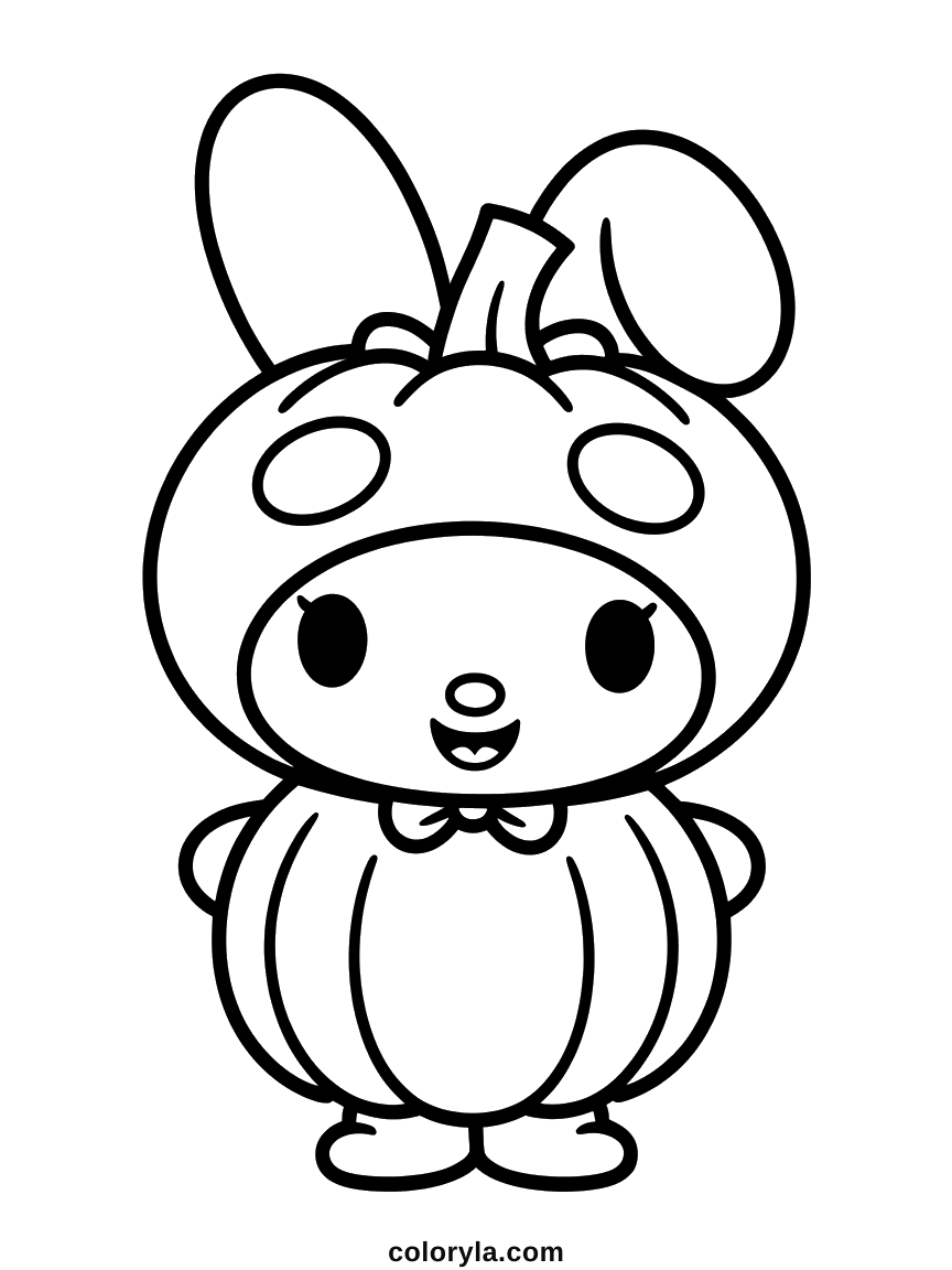 My Melody in a pumpkin costume, ears too tall for the hood: a cute free Halloween coloring page on A4.