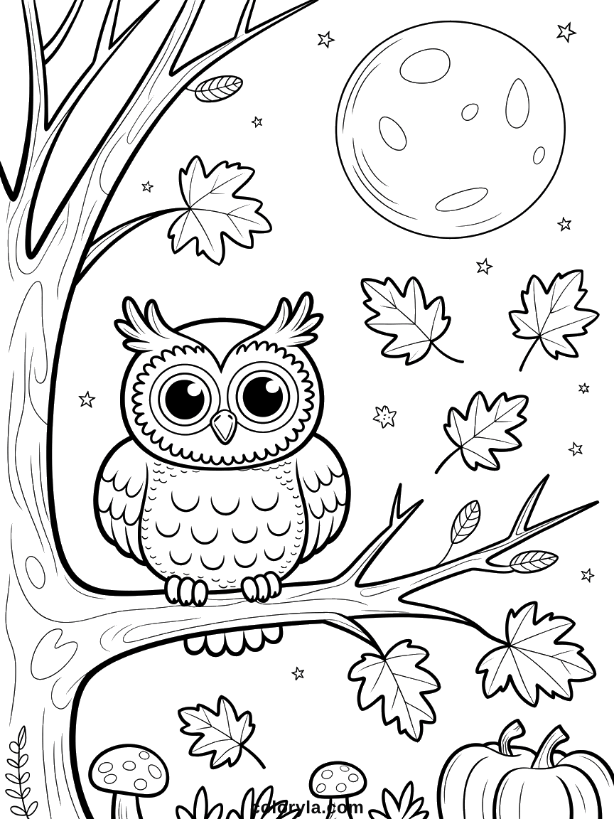 Owl Halloween coloring page: against a full moon, with leaves drawn one by one, free to print on A4 paper.