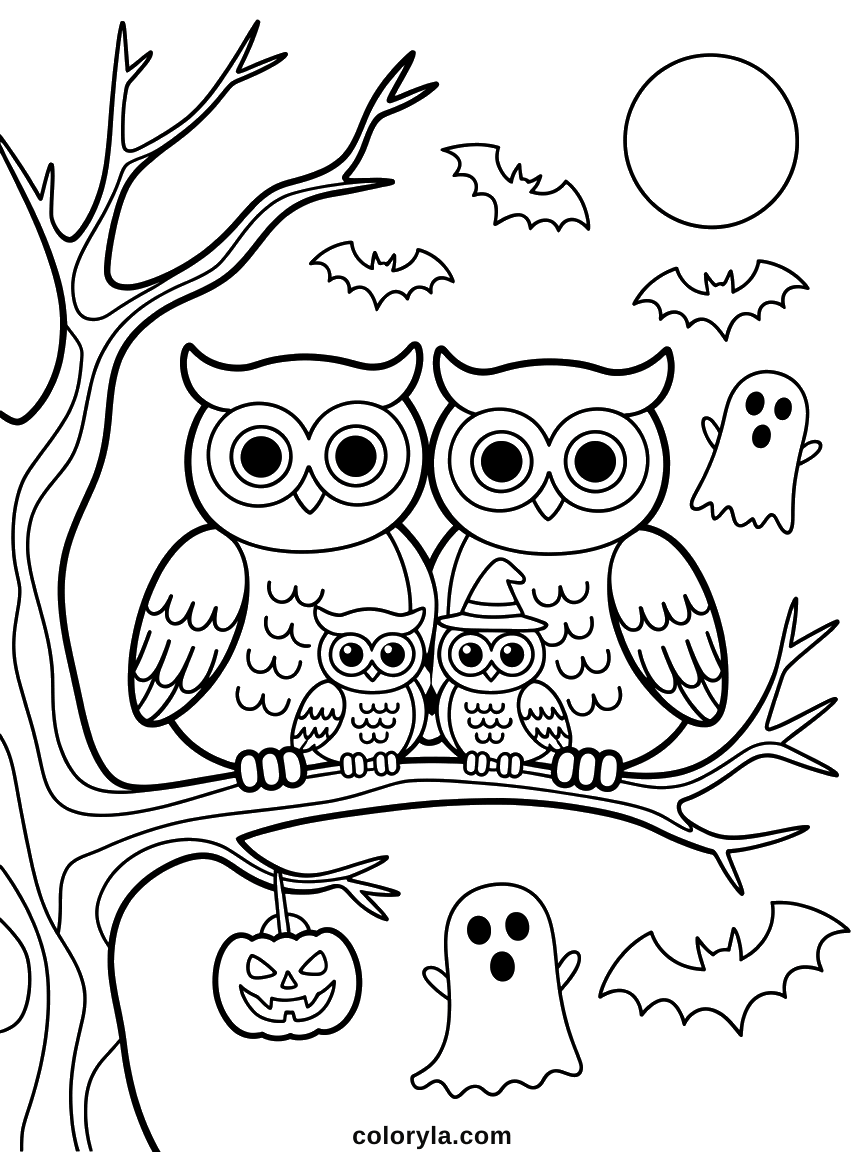 A family on a branch where only one owlet bothered with a costume, a free Halloween coloring page on A4.