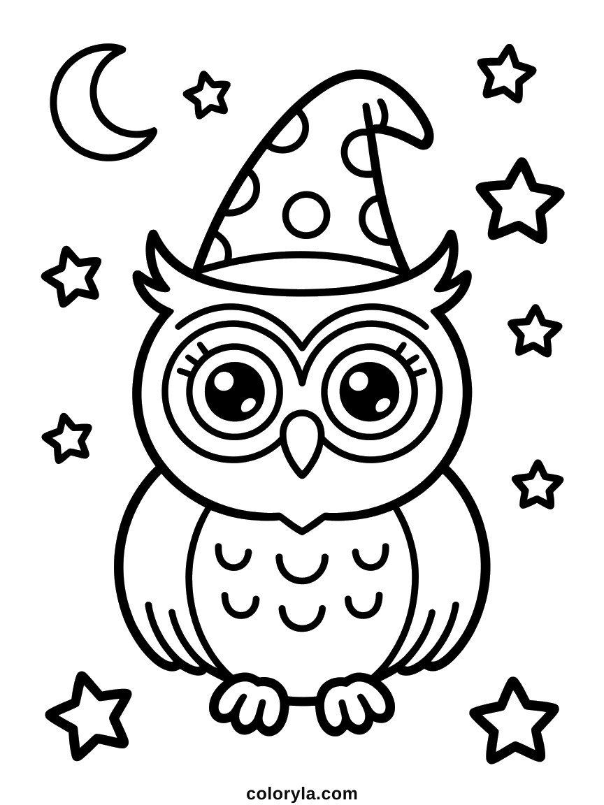 A round owl in a small spotted wizard hat, a free kawaii Halloween coloring page for kids to print on A4.