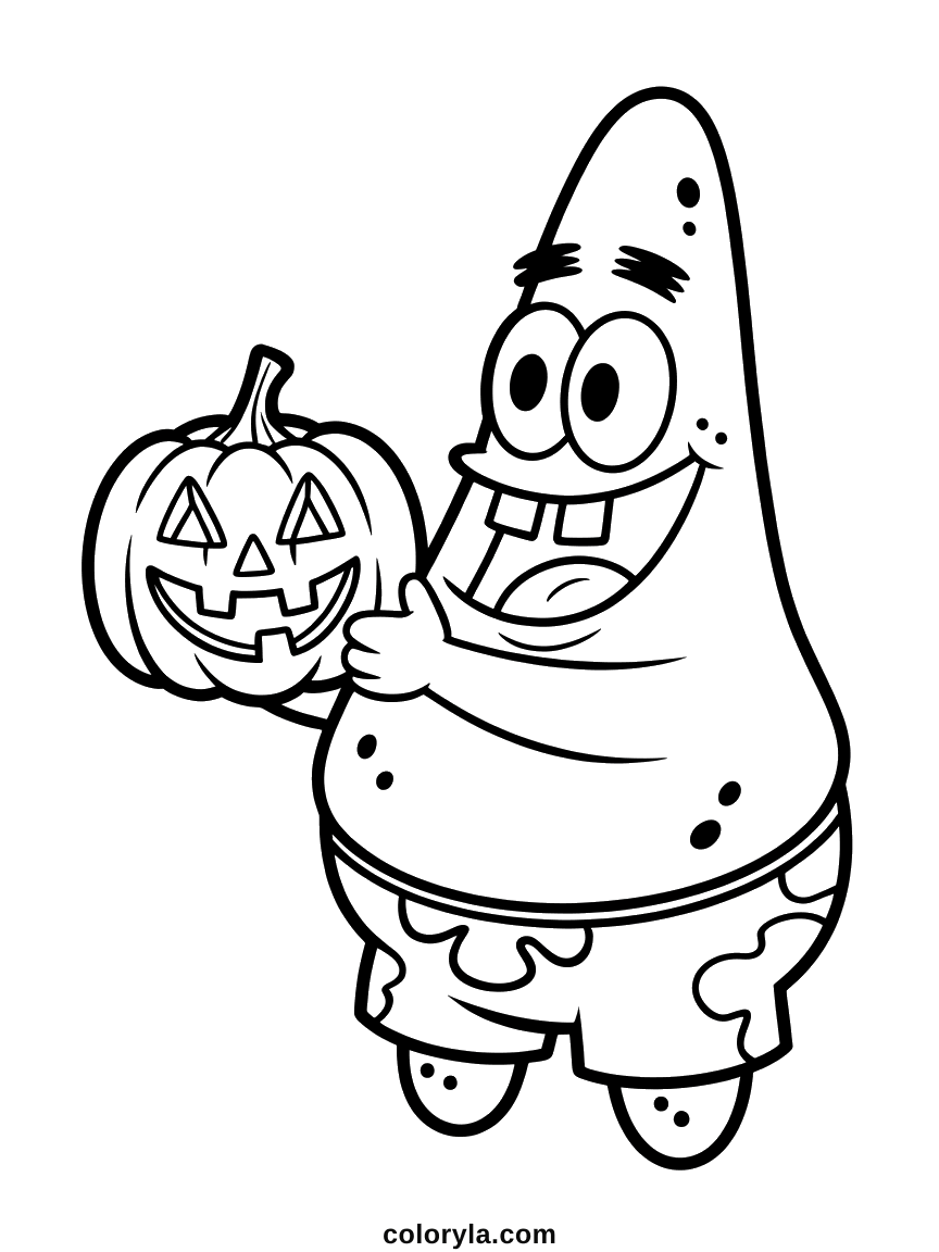 Patrick Star holding a small carved pumpkin, an easy free Halloween coloring page for kids to print on A4.