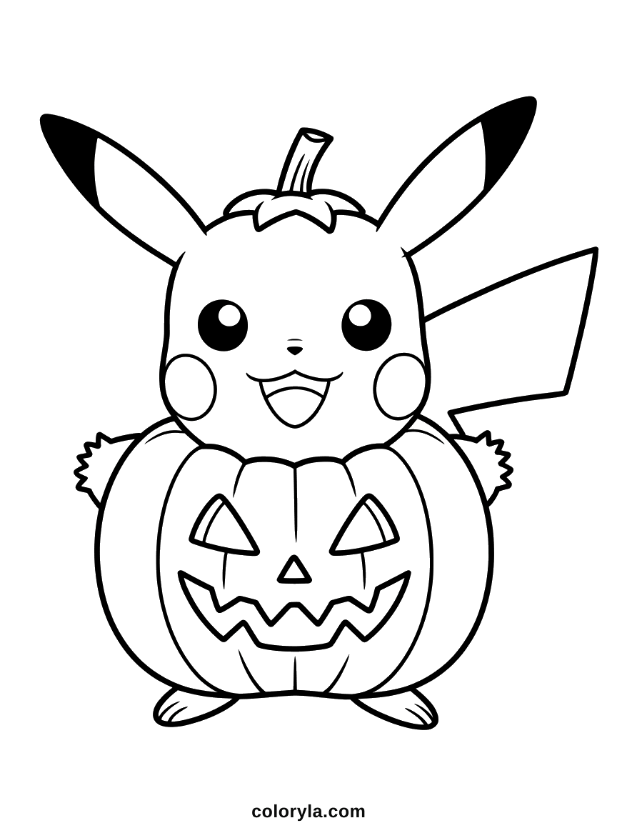 Pikachu in a pumpkin costume with only the ear tips escaping. A cute free Halloween coloring page on A4.