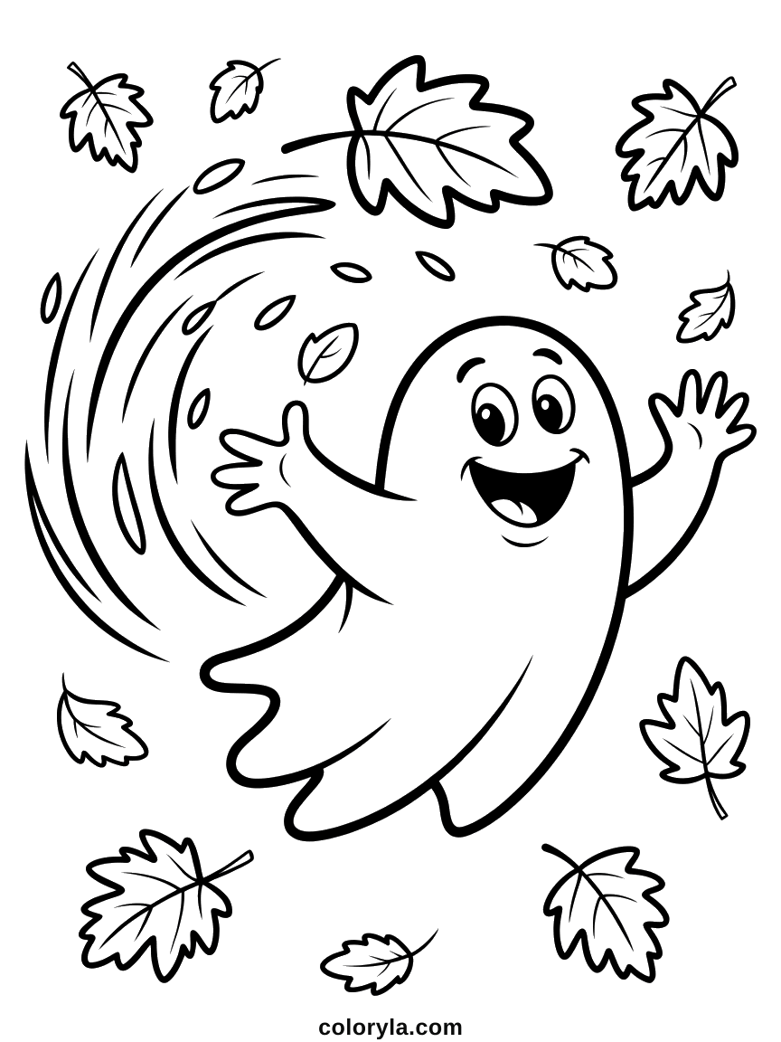 Printable Halloween coloring page: a ghost chasing falling leaves, no two the same species, free on A4.