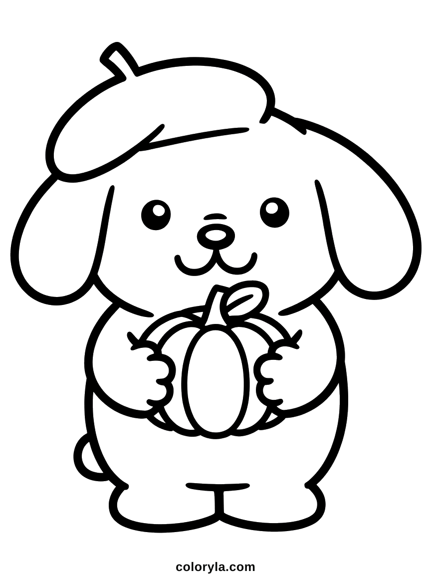 Pompompurin holding a small pumpkin, beret tilted as always: a cute free Halloween coloring page on A4.