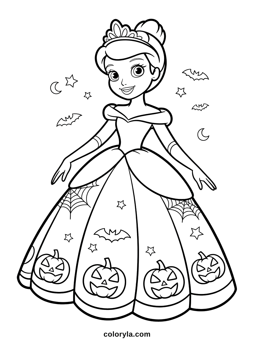 A princess in a long gown with pumpkins on the hem, a free Halloween coloring page for girls on A4 paper.