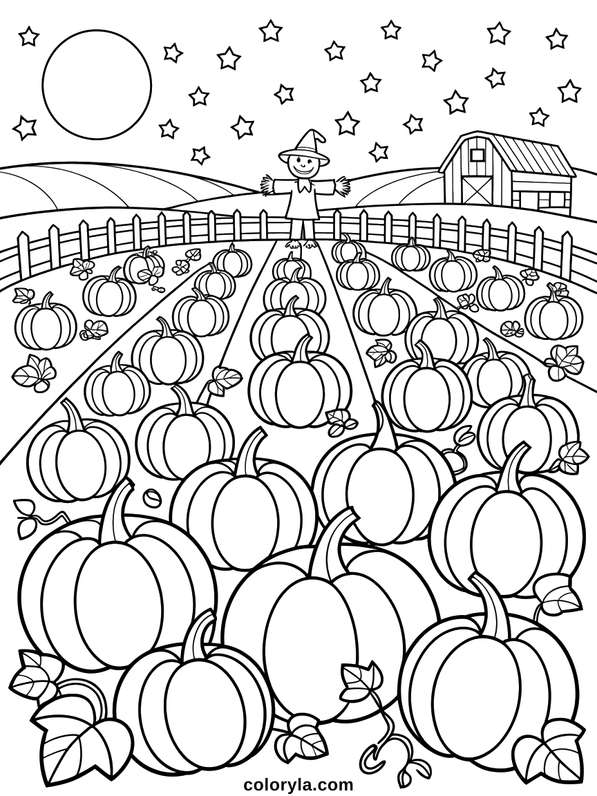 Sixty pumpkins shrinking away towards a fence. A detailed free Halloween coloring page for adults on A4.