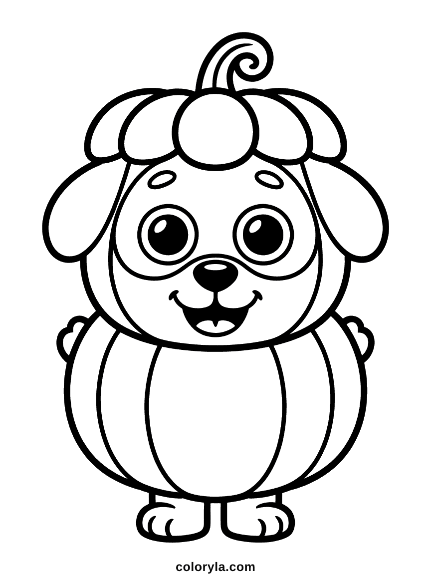 A puppy in a pumpkin costume with his ears flopping over, a cute free Halloween coloring page to print.