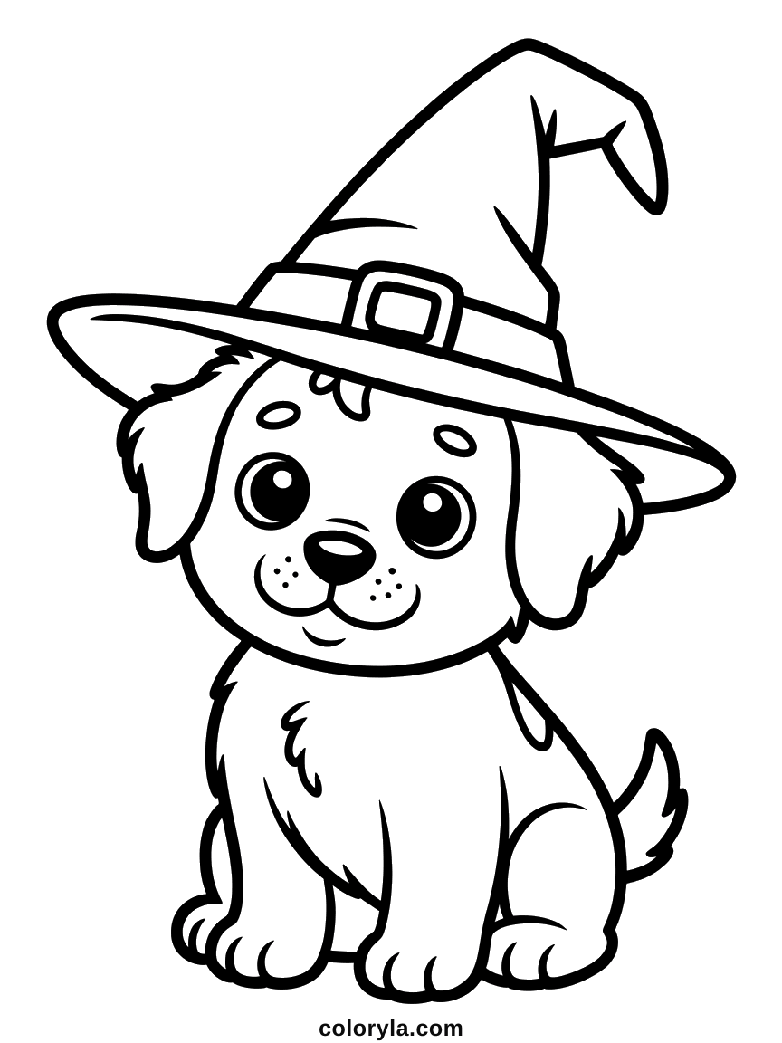 Easy Halloween coloring page: take the hat off and it is simply a puppy, free to print at home on A4.