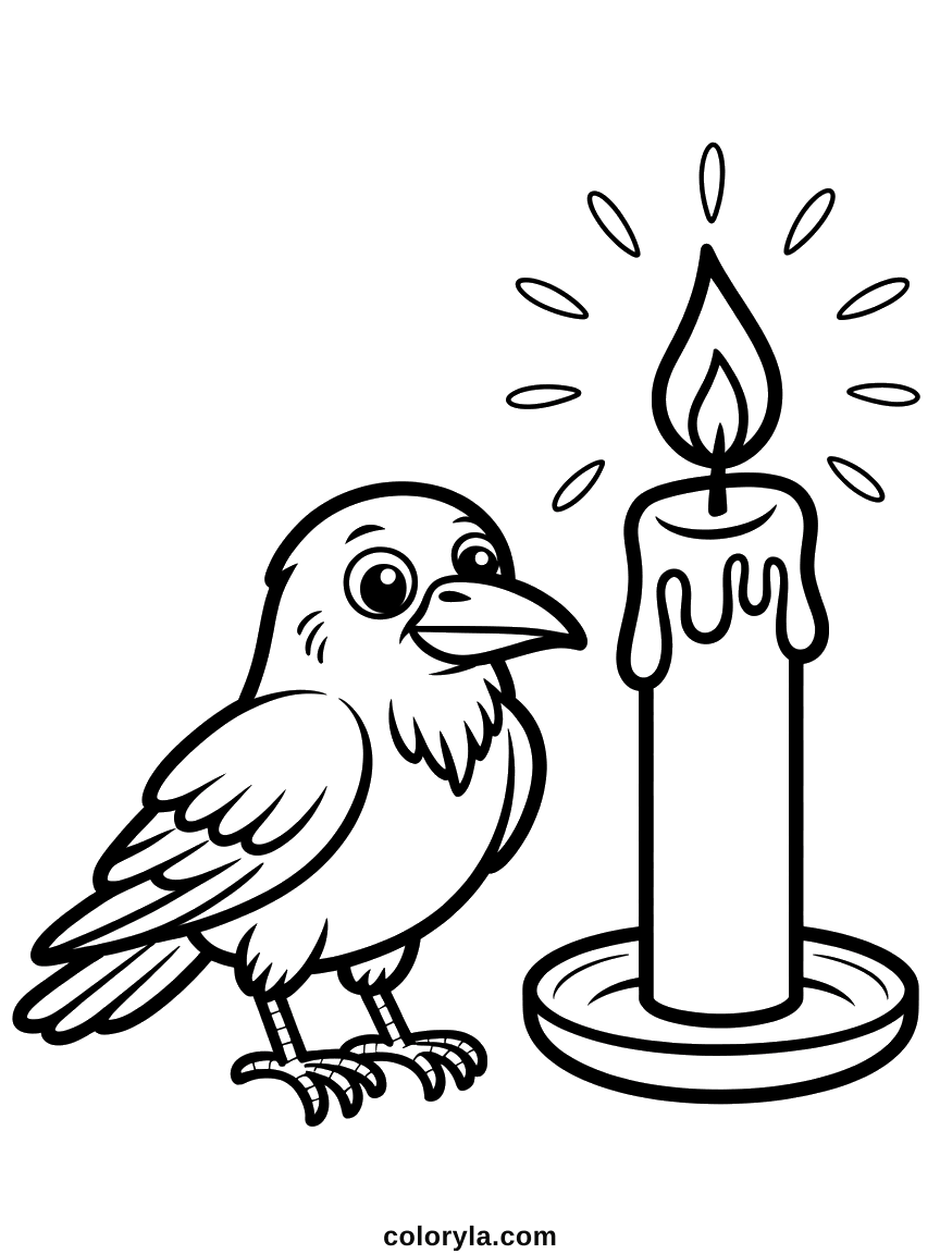 A black bird beside a lit candle, flame and wing carrying the detail: a free Halloween coloring page on A4.