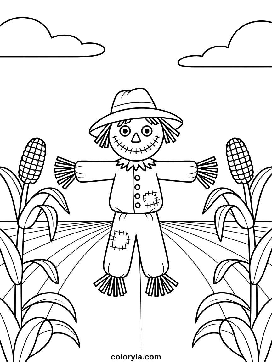 A scarecrow in a cornfield whose furrows run into the distance. A free autumn Halloween coloring page.