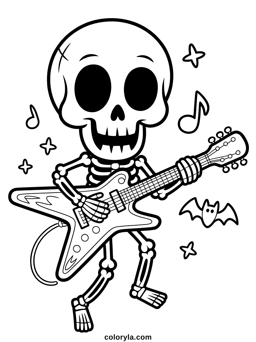 A skeleton playing a guitar shaped like a star, a fun free Halloween coloring page for kids to print.