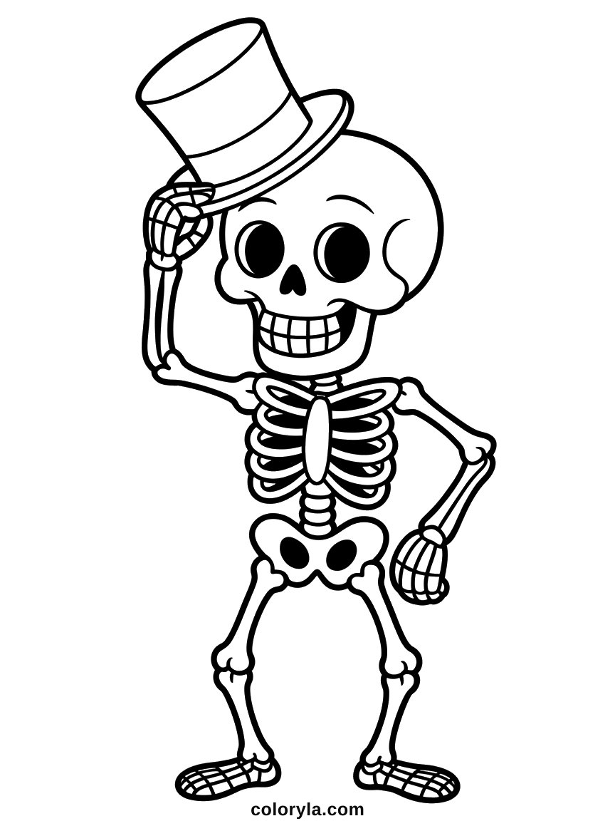 Free Halloween coloring page: a skeleton tipping his top hat in greeting, printable at home on A4 paper.