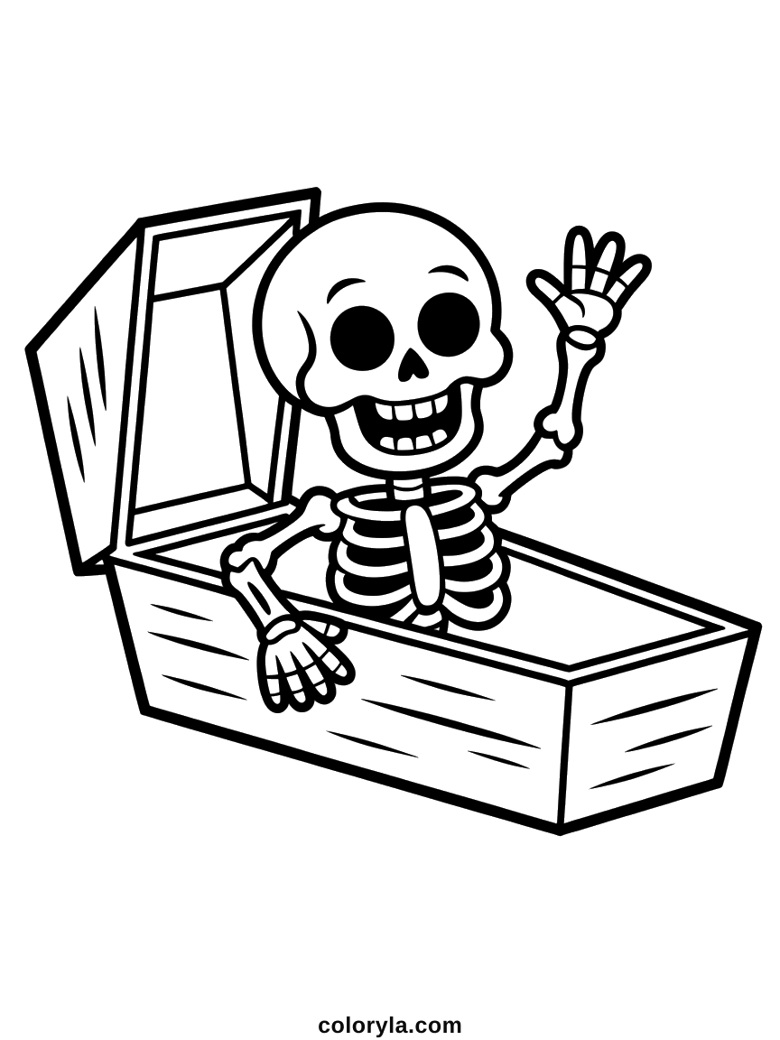 Skeleton Halloween coloring page: waving out of an open coffin, which is not what one expects, free A4.