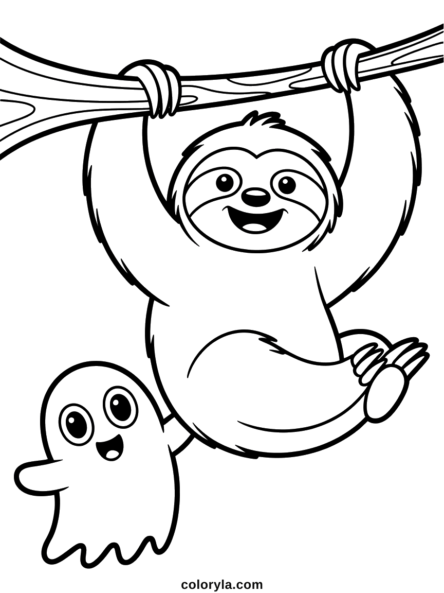 A sloth hanging from a branch with a little ghost in the corner: a free kawaii Halloween coloring page.