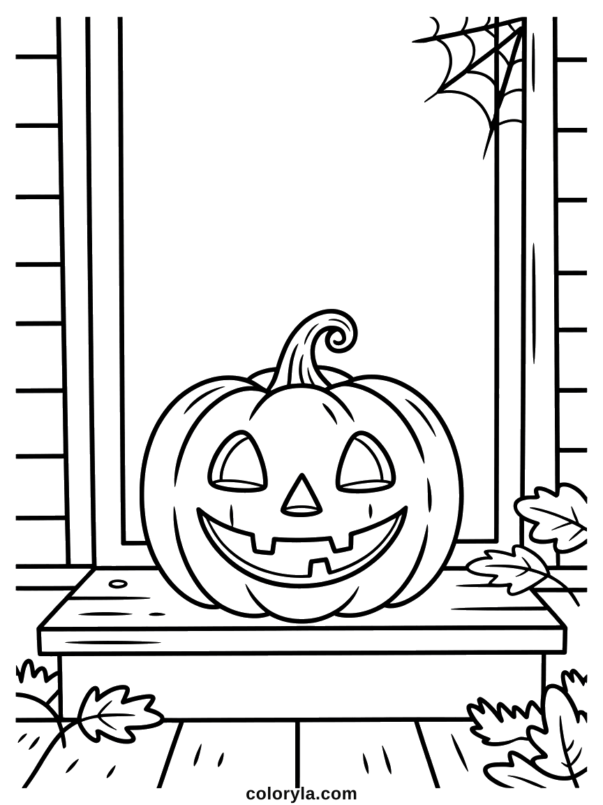 A carved pumpkin smiling on a porch step with one cobweb in the corner: a free Halloween coloring page.