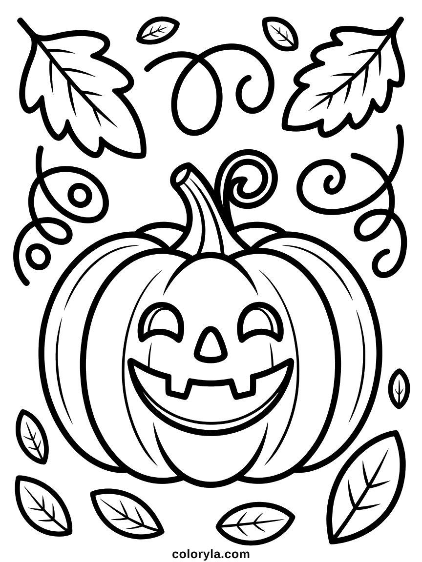 A jack-o'-lantern with its eyes shut, a cute Halloween coloring page, ringed by falling autumn leaves.