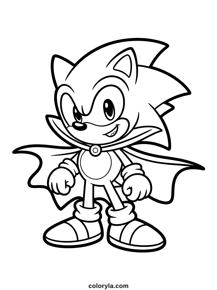 Sonic in a vampire cape where the spines and the collar overlap, a free Halloween coloring page on A4.