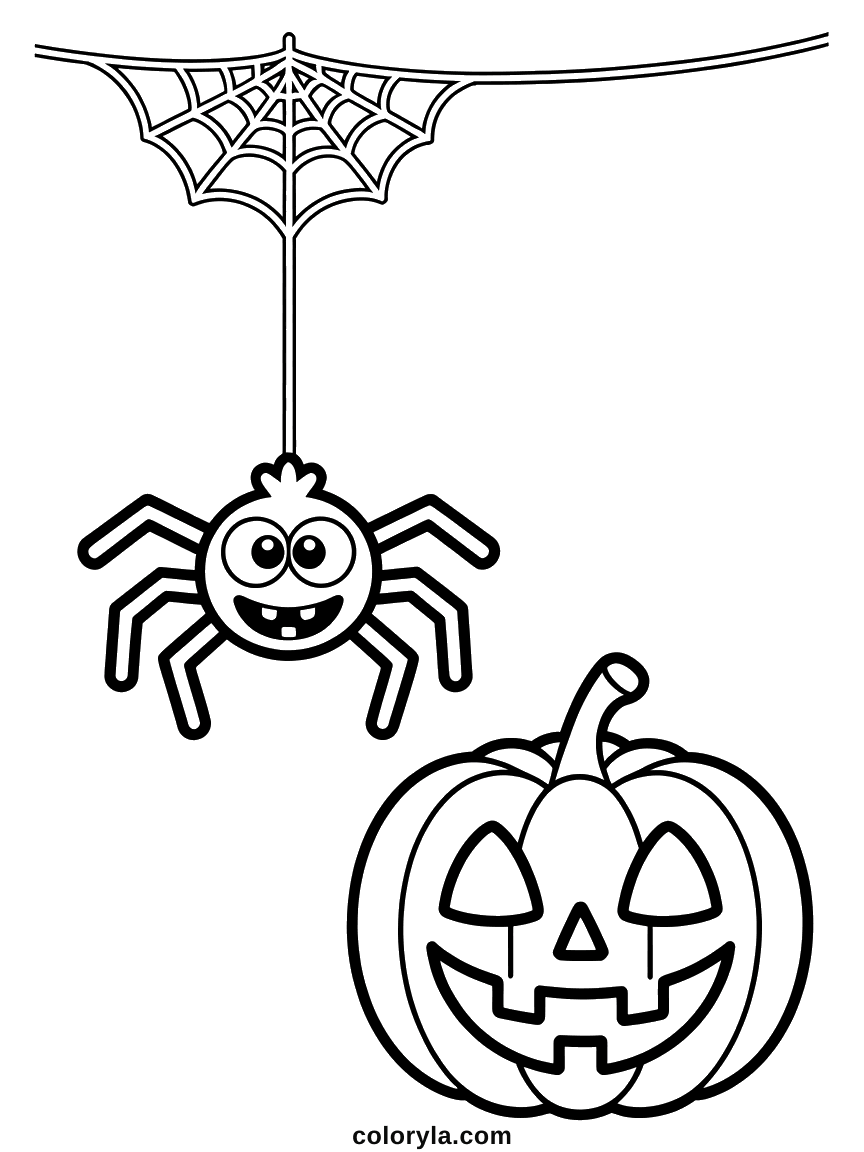 Easy Halloween coloring page: a spider on a single thread above a grinning pumpkin, free to print on A4.