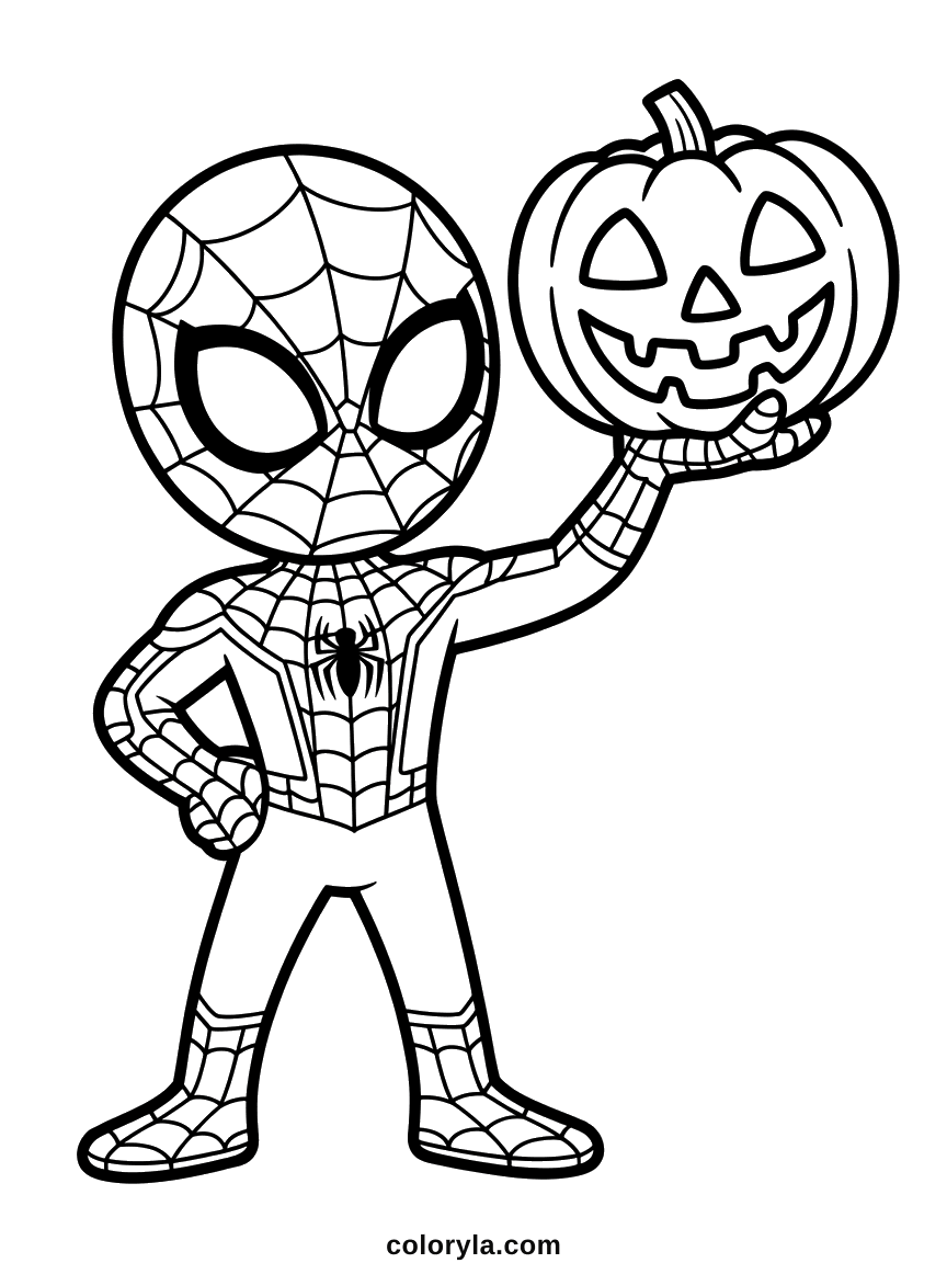 Spider-Man holding a carved pumpkin, every web line drawn separately, a free Halloween coloring page.