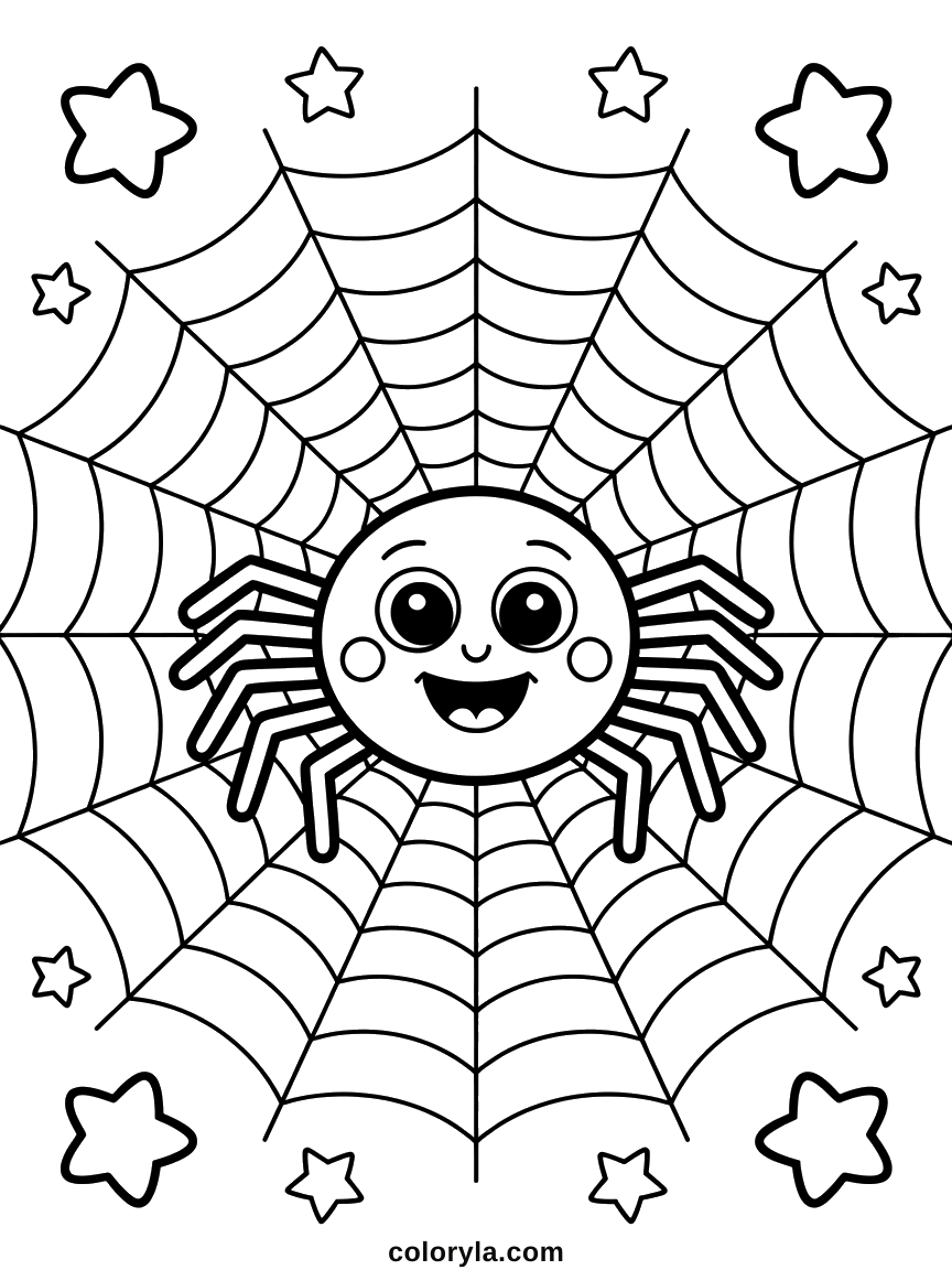 Spider Halloween coloring page: in the middle of a web built from rings with stars all round, free on A4.