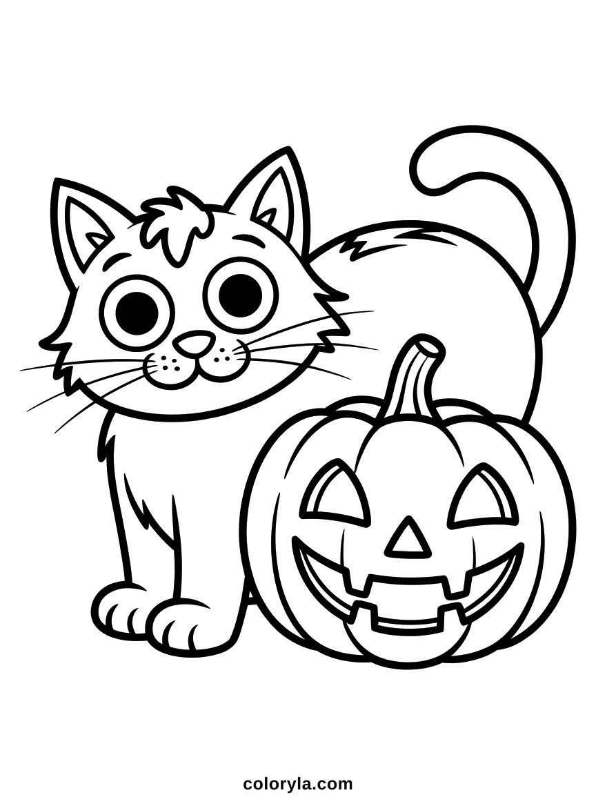 A wide-eyed cat with a carved pumpkin against his side: a free kawaii Halloween coloring page on A4.