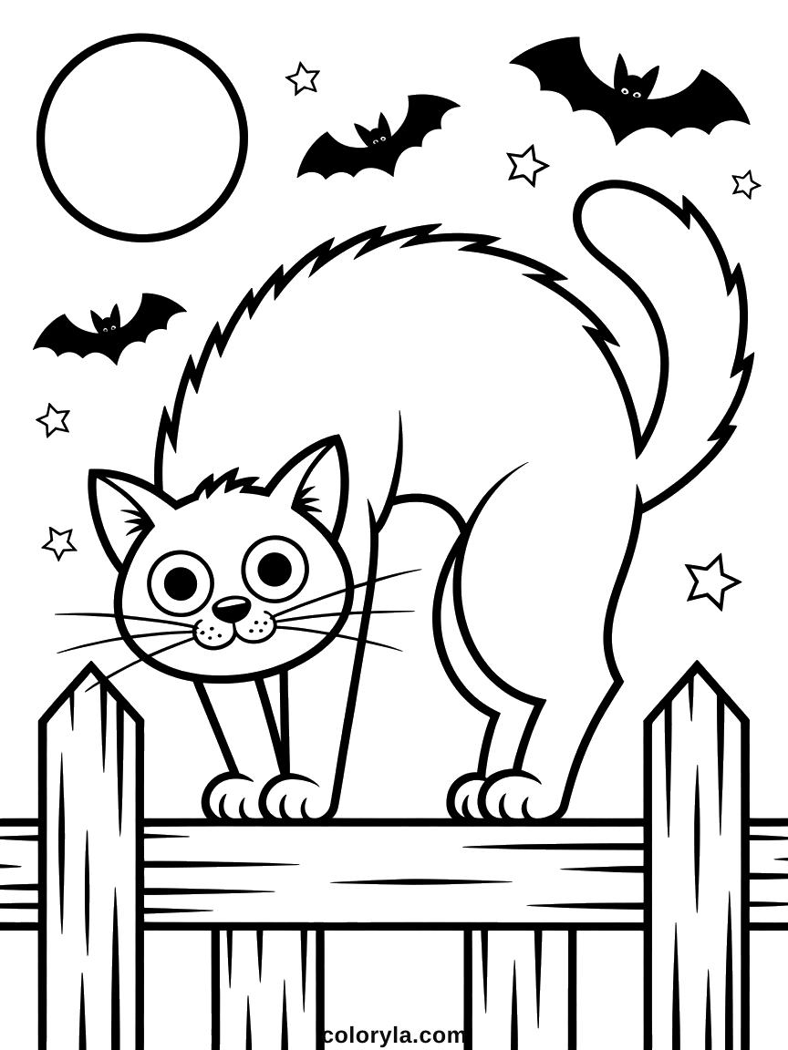 Spooky Halloween coloring page: back arched on a fence under four filled-in bats, free to print on A4.