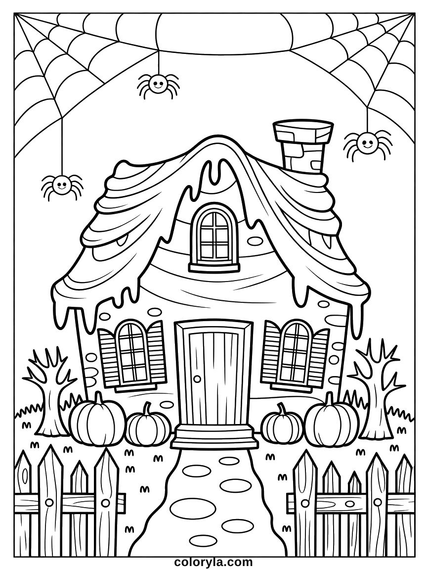 A cottage wrapped in cobwebs with every surface textured, a free Halloween coloring page for adults on A4.
